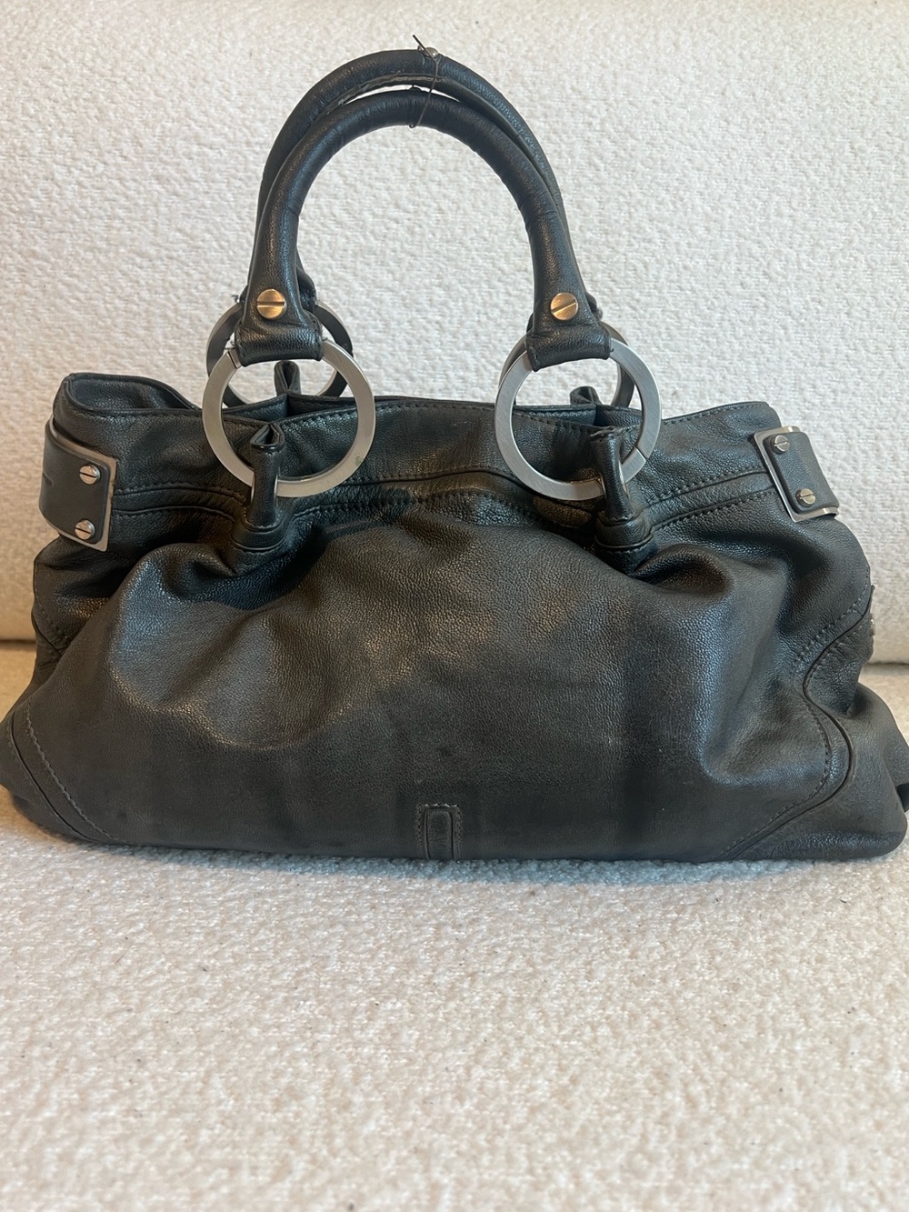 Vintage Kenneth Cole Grey Leather Ring-Handle Satchel Y2K Shoulder Bag